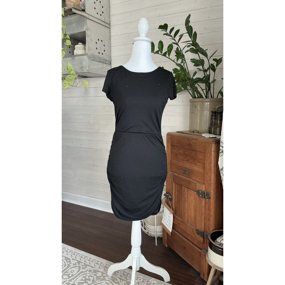 Black Trixxi Short Sleeve Bodycon Midi Dress Ruching Lined Size Medium